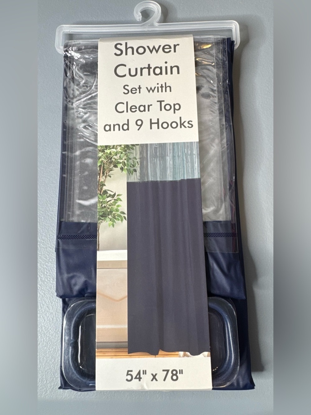 Shower Curtain Set with Clear Top and 9 Hooks - Navy blue 54” x 78” bathroom